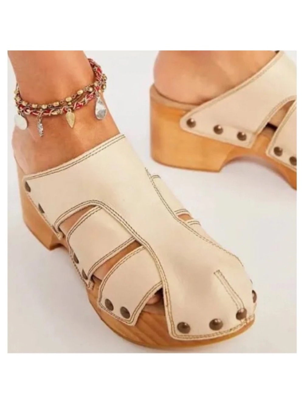Free People Clogs Libra Cream Leather Fisherman Wedge Chunky Wooden size 8 38